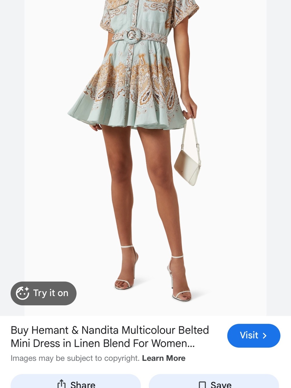 HEMANT & NANDITA Mint Green and Gold Paisley Belted Mini Dress